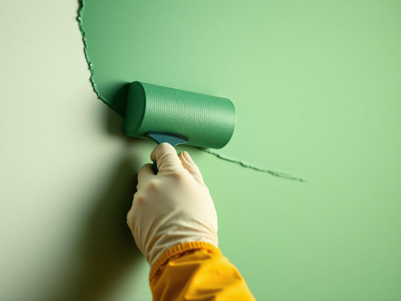 Decorator rolling premium green paint with a perfect finish